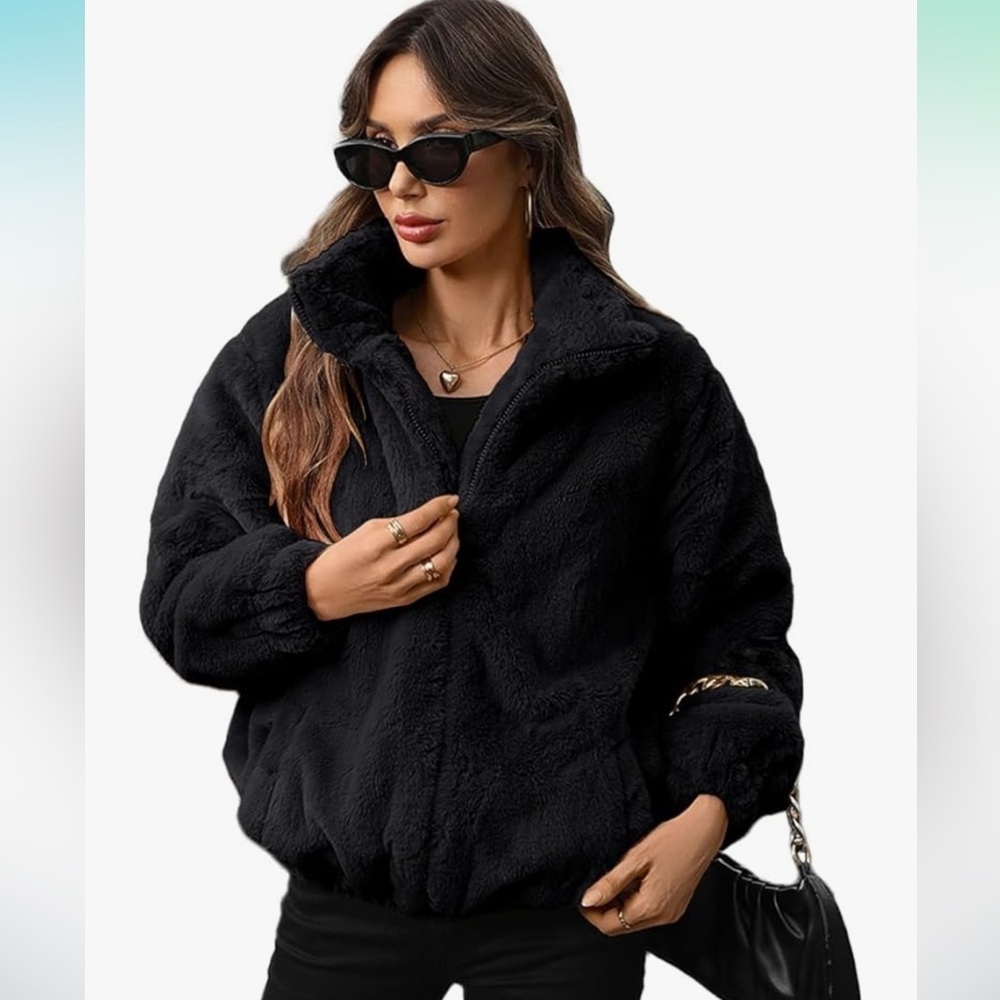 Dugcew Black Faux Fur Zip-Up Jacket • Fluffy Fleece • Women’s Size XL
